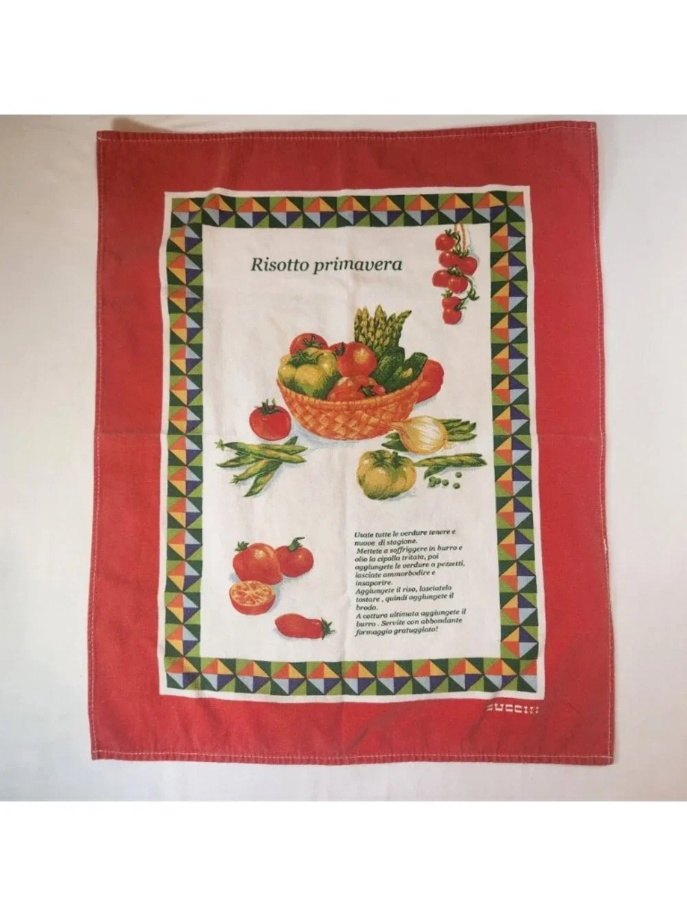 70s Vintage Zucchi Italy Risotto Primavera Cotton Tea Towel Red Recipe Kitchen